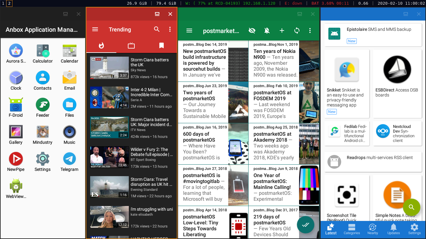Anbox running on postmarketOS on i3, with F-Droid, NewPipe and Feeder