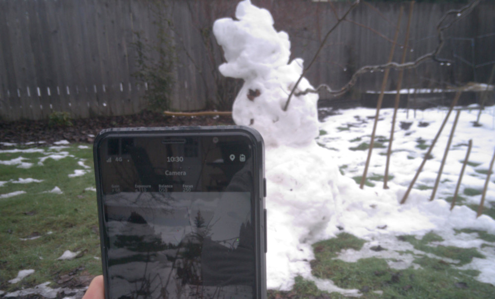 A Librem 5 running postmarketOS photographing a melting snow chicken/monster thing