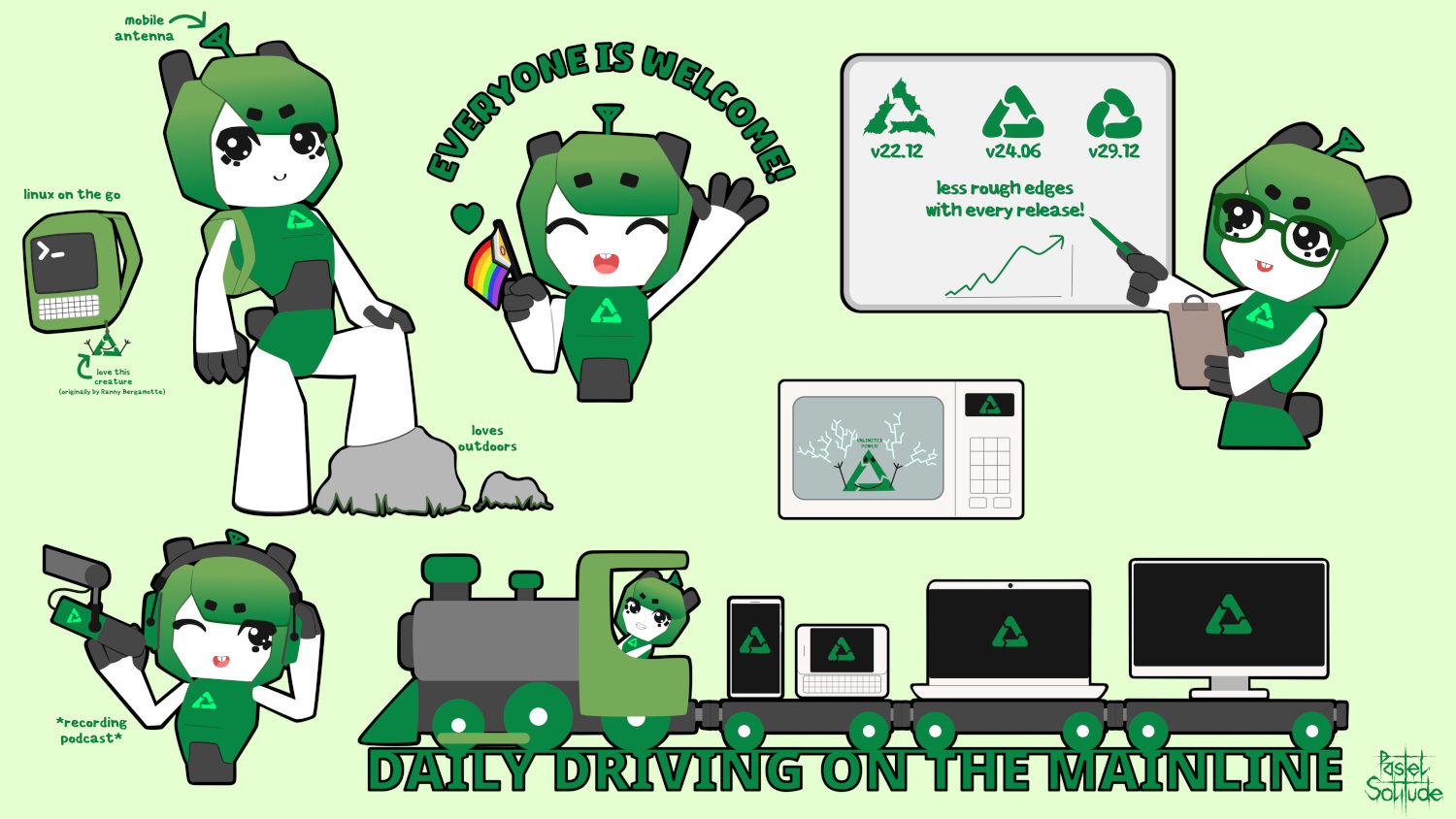 A compilation of sticker-like minimalist design of a robot-bunny mascot in green, white and dark gray colors. One proudly posing with one leg resting on a rock with a computer-backpack. Second one shouting "everyone is welcome" and holding a lgbtqia+ flag, Third pointing at a white board saying "less rough edges with every release", Fourth with a mic and headphones recording a podcast and Fifth on a toy train pulling assortment of devices displaying postmarketOS, said train is driving on rails made of words "daily driving on the mainline".