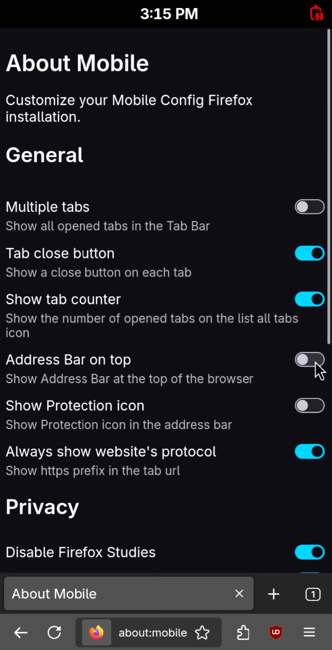 The new about:mobile page